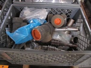 LOT TO INCLUDE: (11 MILK CRATES) MISC. CAP PIPES, FITTINGS, T-PIPES, SS RINGS, STL PARTS, ETC. LOADING & HANDLING FEE $15-4613